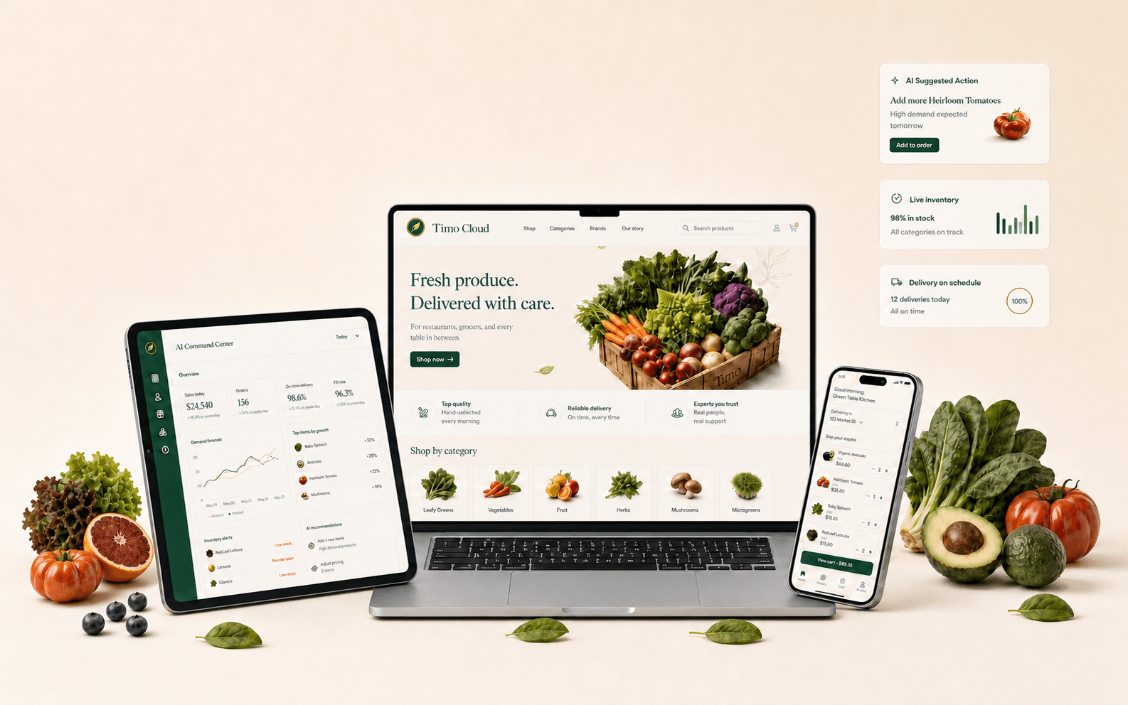Timo Cloud storefront, customer ordering app, and AI operations dashboard displayed across a laptop, tablet, and phone